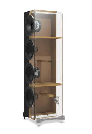 Разрезной вид корпуса KEF Q750 с расположением динамиков и внутренними рёбрами жёсткости