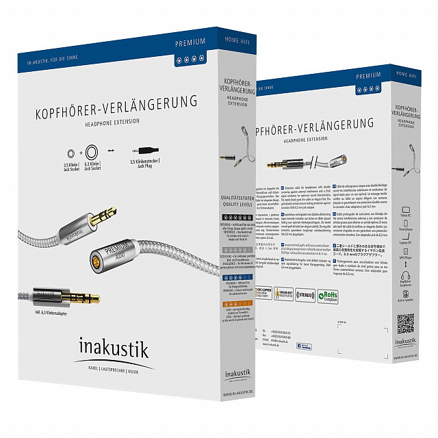 InAkustik Premium Extension Audio Cable 3.0m 3.5mm jack<>3.5mm jack(F)+6.3 jack adapter, 00410203_0
